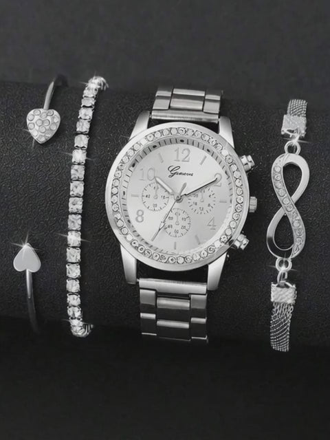 4 Pieces Lady's Silver Stainless Steel Strap Classic Quartz Watch Jewelry Set