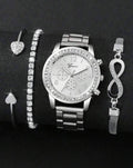 4 Pieces Lady's Silver Stainless Steel Strap Classic Quartz Watch Jewelry Set