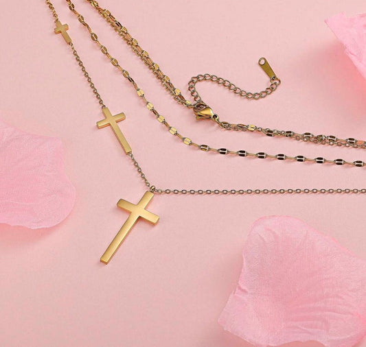 Layered Cross Necklace for Women - Gold Titanium Steel Gift Jewelry